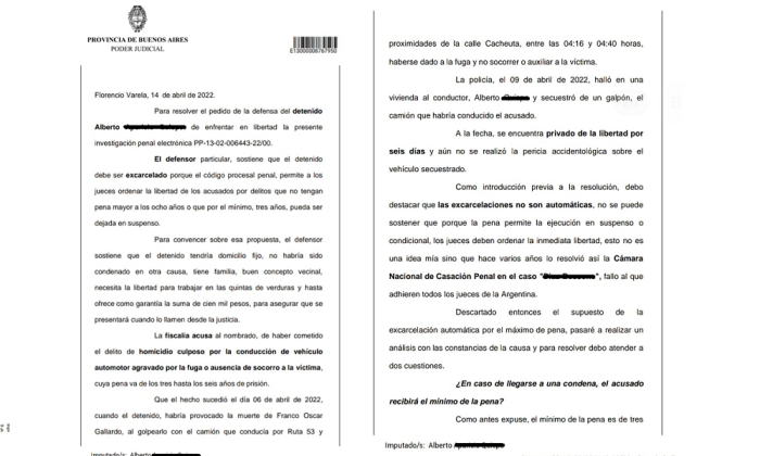 F. Varela: El Juez Agüero negó la excarcelación del chofer imputado de embestir y causar la muerte de Franco Gallardo